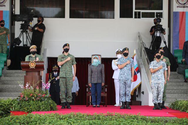 Taken at: Singapore Armed Forces (SAF) Day Parade at SAFTI Military Institute (SAFTI MI) Pictured: President Halimah Yacob, Chief of Army Major-General Goh Si Hou, Chief of Air Force Major-General Kelvin Khong, Chief of Navy Rear-Admiral Aaron Beng and Chief of Defence Force Lieutenant-General Melvyn Ong