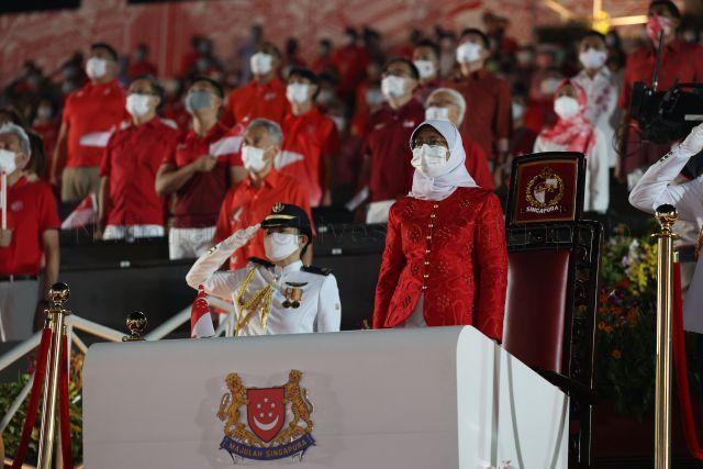 Taken at: National Day Parade (NDP) 2021 ceremonial parade at The Float @ Marina Bay Pictured: President Halimah Yacob and Prime Minister Lee Hsien Loong