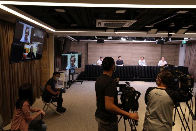 Taken at: Multi-Ministry Taskforce (MTF) COVID-19 Press Conference at the National Press Centre Pictured: Co-chair of MTF and Minister for Trade and Industry Gan Kim Yong, Co-chair of MTF and Minister for Finance Lawrence Wong, Minister for Health Ong Ye Kung, Minister for Manpower and Second Minister for Trade and Industry Dr Tan See Leng and Director of Medical Services Associate Professor Kenneth Mak