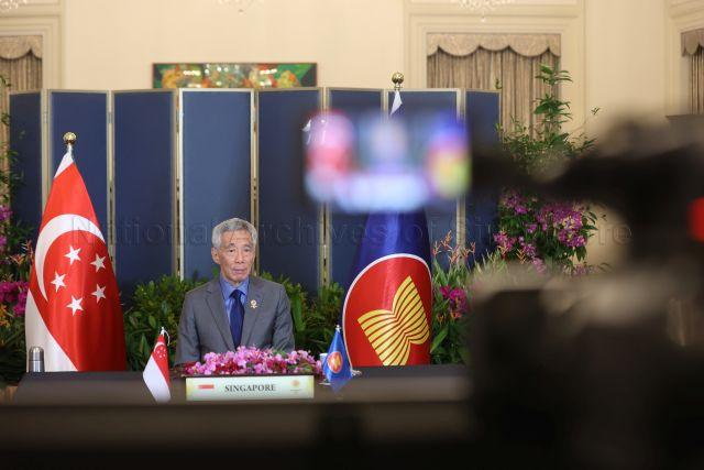 Taken at: Video Conference of the 24th ASEAN - Japan Summit at the Istana Pictured: Prime Minister Lee Hsien Loong