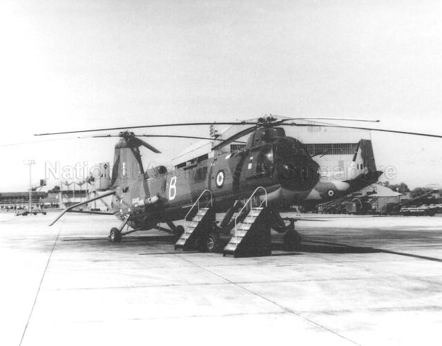 Photograph of Bristol Belvedere helicopter, XG449 'B', of No. 66 Squadron, on land