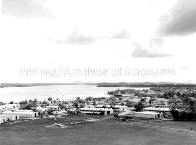 Aerial photograph of Royal Air Force (RAF) Seletar with the Straits of Johore in the background