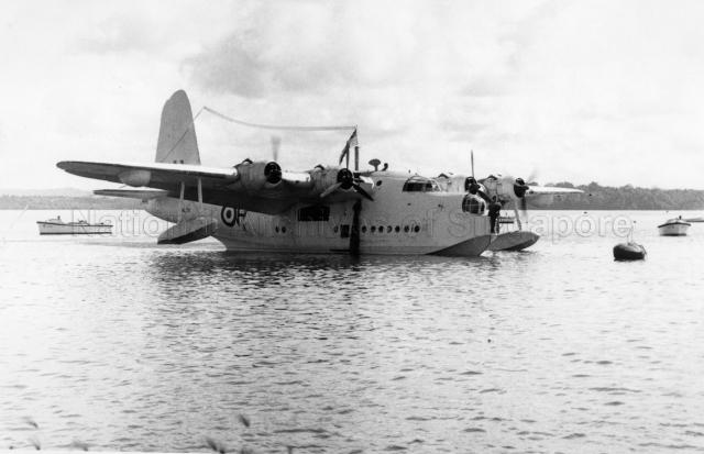 Short Sunderland flying boat, ML797 'P' Papa, of No. 205 Squadron, preparing for the final farewell. She would be hauled out of the water for the last time at Royal Air Force (RAF) Seletar. Next, she would be winched up the slipway, stern first past an honour guard who would present arms. The aircraft was flying a paying-off pennant with the 205 Squadron flag (crossed kris) on display.On 14 May 1959, Sunderland DP198 'W', made its last maritime operational sortie by escorting HMS Caprice through the Malacca when it was on its way from Ceylon to Singapore. On 15 May 1959, DP198 'W' and ML797 'P' made a farewell flypast over Singapore. On 20 May 1959, ML797 'P' was allotted the honour of making the very last flight of an RAF Sunderland. Both flying boats were struck off charge at Changi on 29 July 1959 and scrapped at the base.
