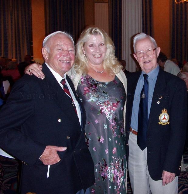 Photograph of (from left) Fred West, Deborah Attoe (Debbie) and Arthur Davey at a Royal Air Force Seletar Association (RAFSA) reunion