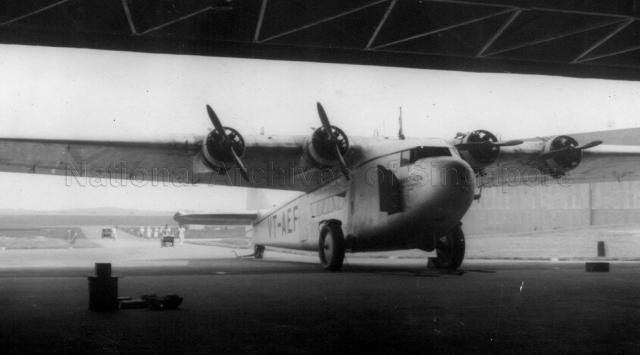 Photograph of Armstrong Whitworth AW15 Atalanta class aircraft, VT-AEF at the hangar of RAF Seletar