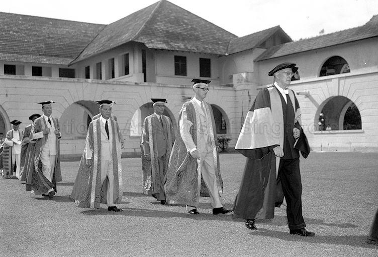 Chancellor Malcolm MacDonald (far left in white with striped gown), Pro-Chancellor Sir Henry Gurney, Pro-Chancellor Sir Han Hoe Lim, Pro-Chancellor Dato Onn bin Ja'afar and Vice-Chancellor Dr. G.V. Allen receiving their honorary degrees during the first convocation ceremony at University of Malaya.