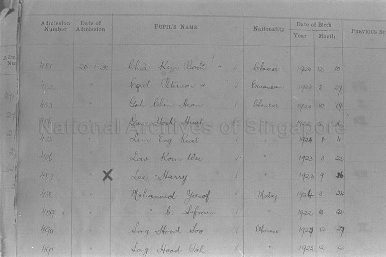 Name of former student Harry Lee (Lee Kuan Yew) in Telok Kurau English School's register book. The school is located in Lorong J Telok Kurau.
