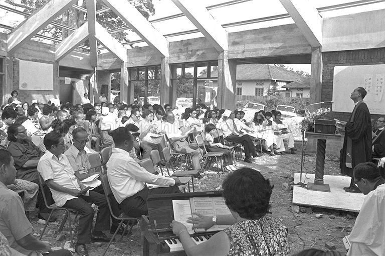 Chairman of the Board of Directors of All Saints Memorial Chapel (Singapore) Limited Reverend Lee Huai Kwang from Bethel Presbyterian Church speaking during laying of foundation stone ceremony for All Saints Memorial Chapel at Poh Huat Road.