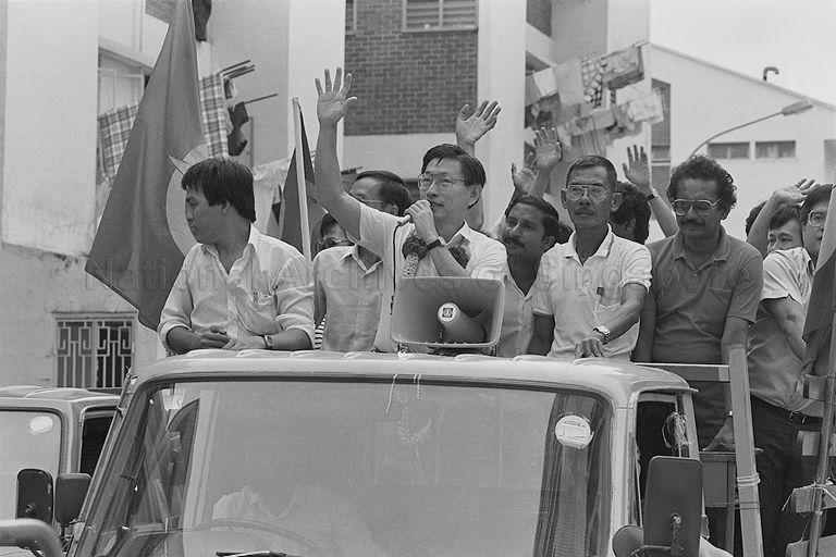Singapore Democratic Party (SDP) Secretary-General Chiam See Tong (holding microphone) on a victory parade after his election victory in Potong Pasir Constituency