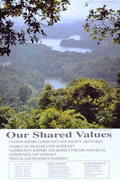 Our Shared Values . Nation Before Community And Society Above Self . Family As The Basic Unit Of Society . Community Support And Respect For The Individual . Consensus, Not Conflict . Racial And Religious Harmony (Text in English, Chinese, Malay and Tamil).