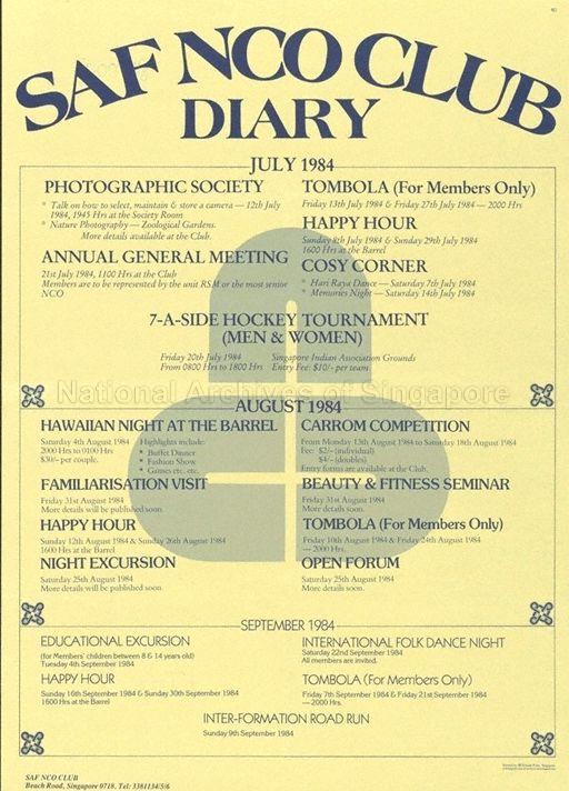 SAF NCO Club diary  :    July 1984, August 1984, September 1984.